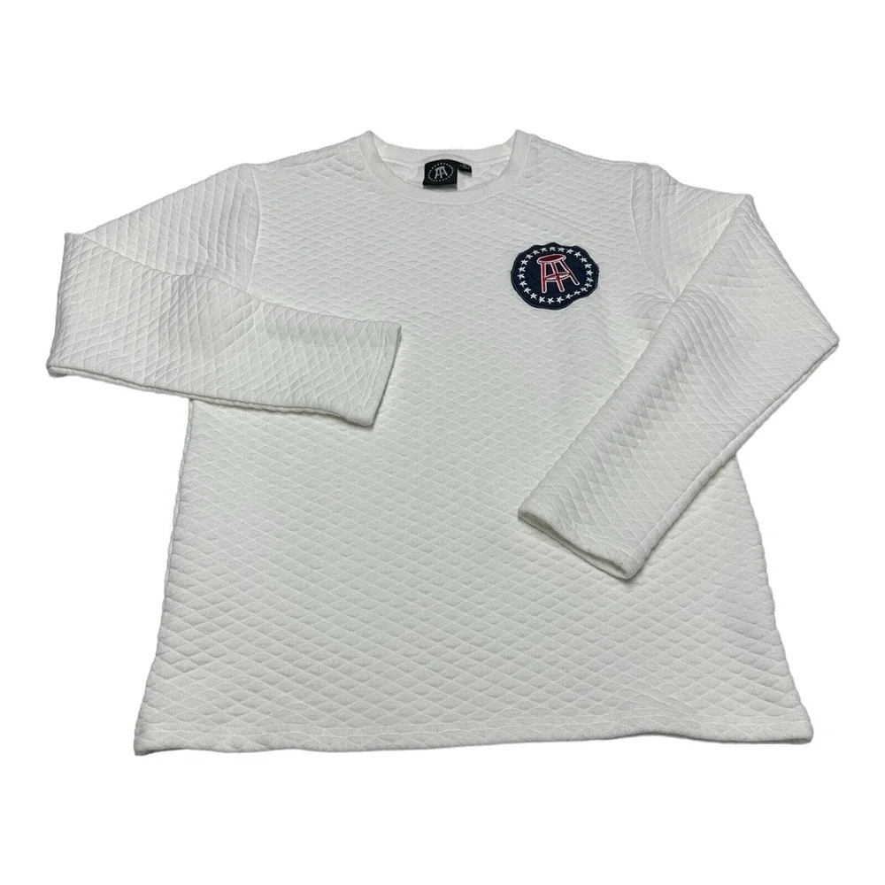 Barstool Sports White Quilted Pullover Sweater Mens Size L Crew Neck Embroidered